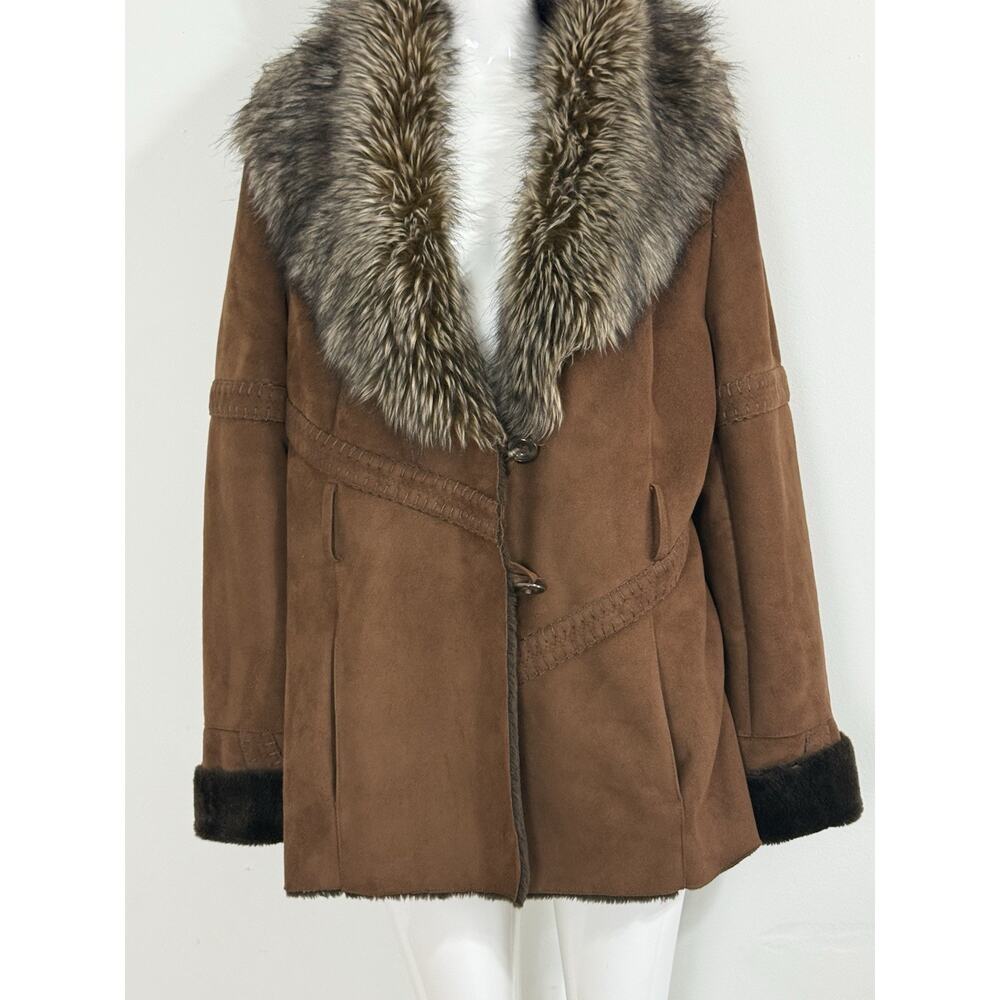 Y2K Neyelle Brown Faux Suede Jacket Faux Fur Collar Trim Penny Lane Coat Size L - Picture 6 of 12